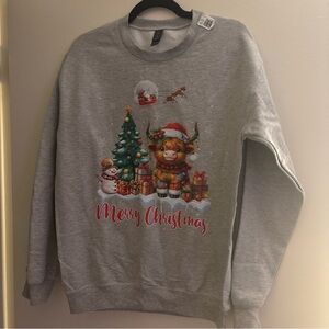 New Highland Cow Christmas Holiday Ash Grey Crewneck Sweatshirt Size Small